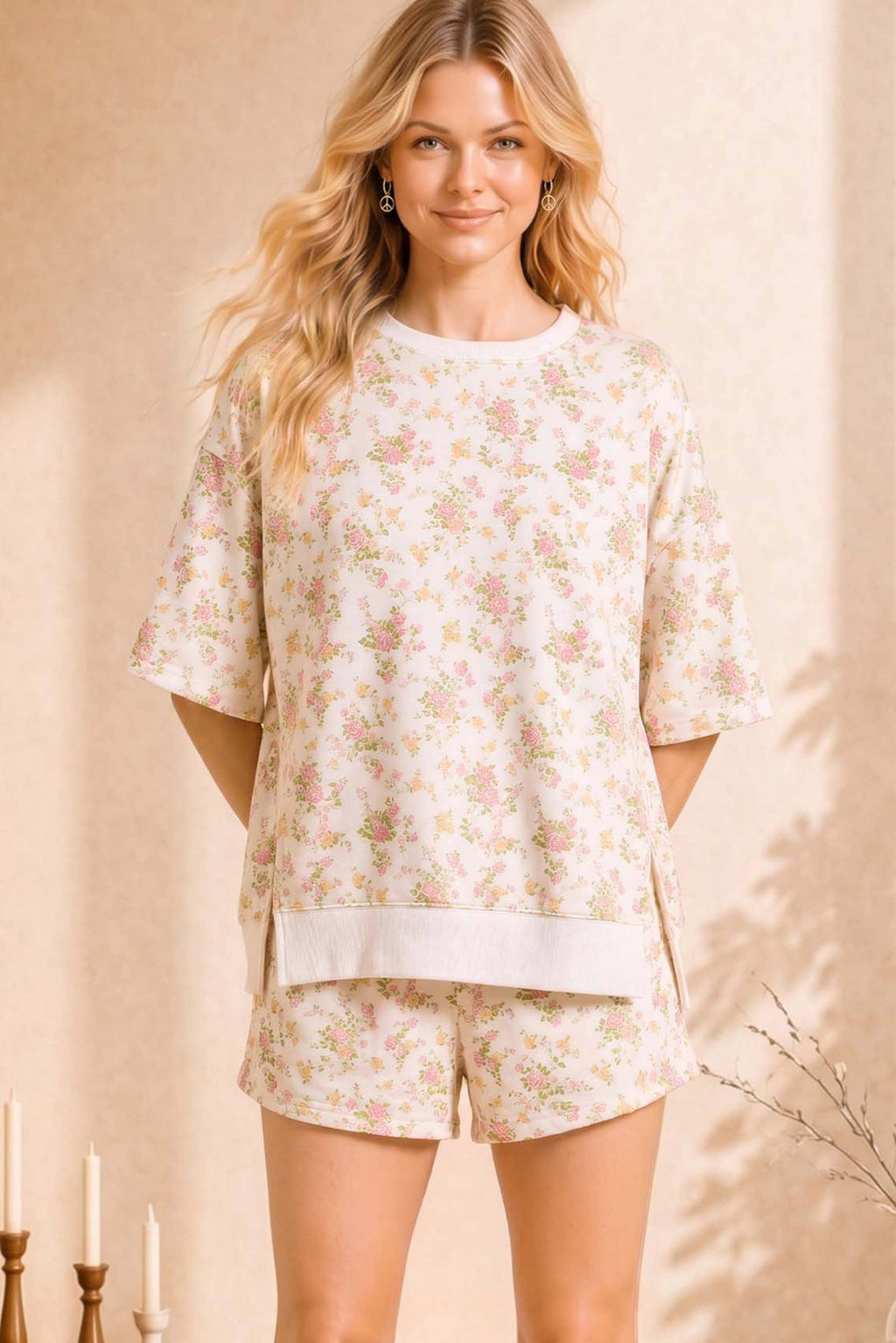 Floral printed oversized knit  top with matching shorts: PINK MULTI