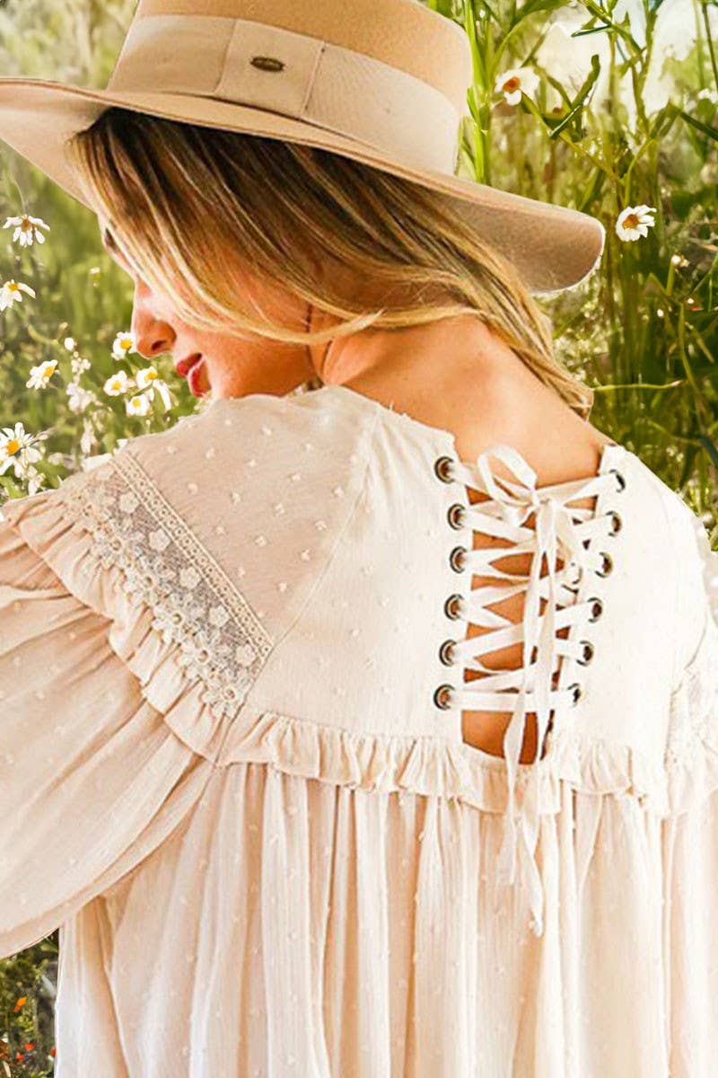 Lace-Up Back Detail Swiss Dot Patterned Blouse: Natural