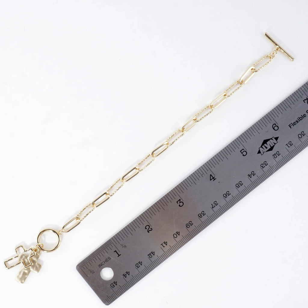 Hammered Cross Cluster Charm Toggle Bracelet: Gold Matte Gold