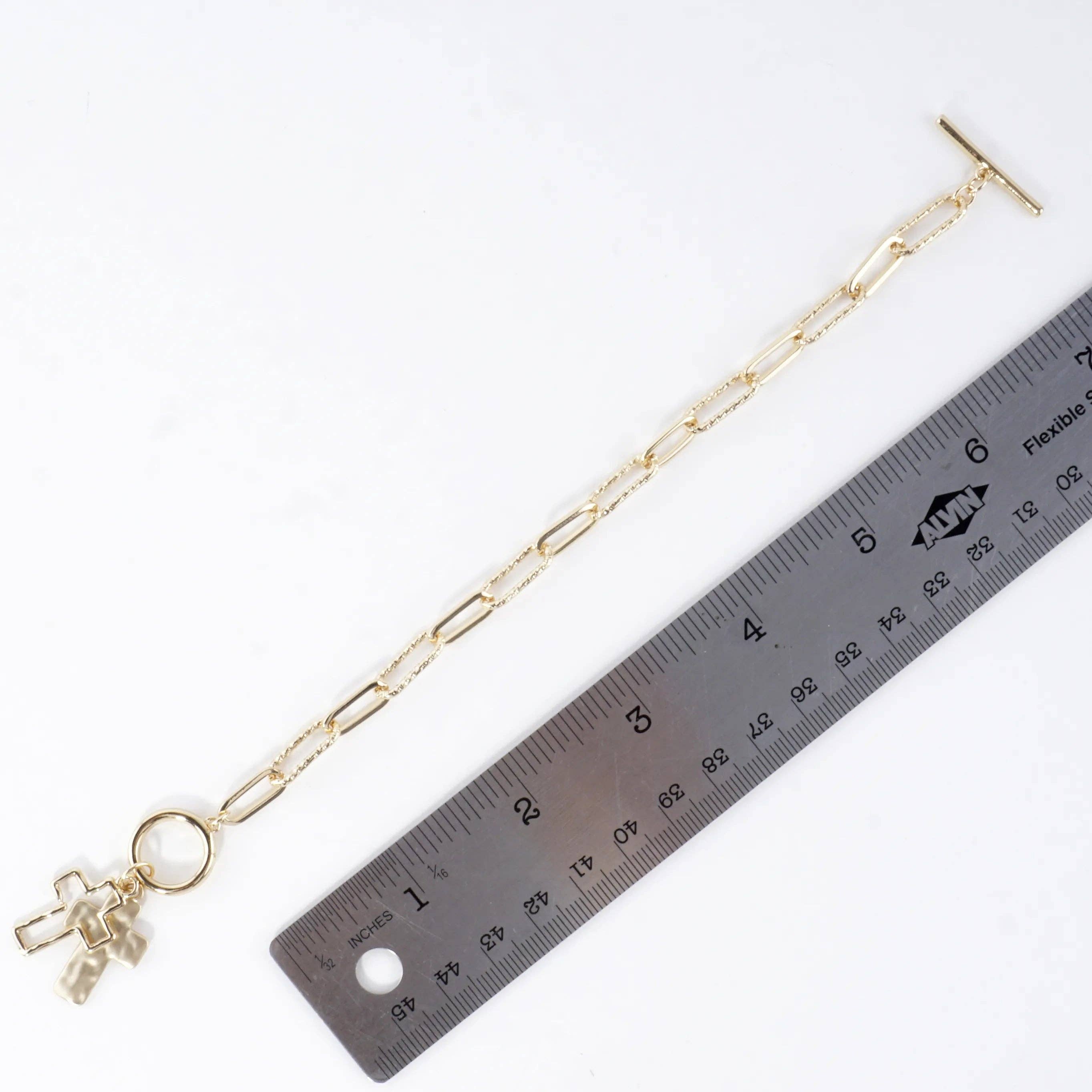 Hammered Cross Cluster Charm Toggle Bracelet: Gold Matte Gold