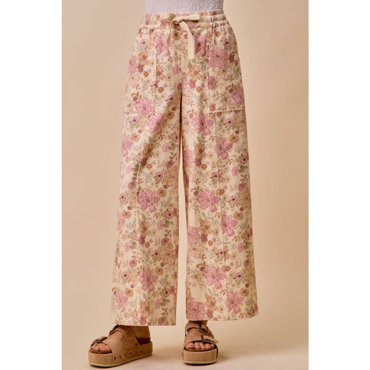 FLORAL COTTON TWILL ELASTICIZED WAIST WIDE PANTS: BLUSH PINK