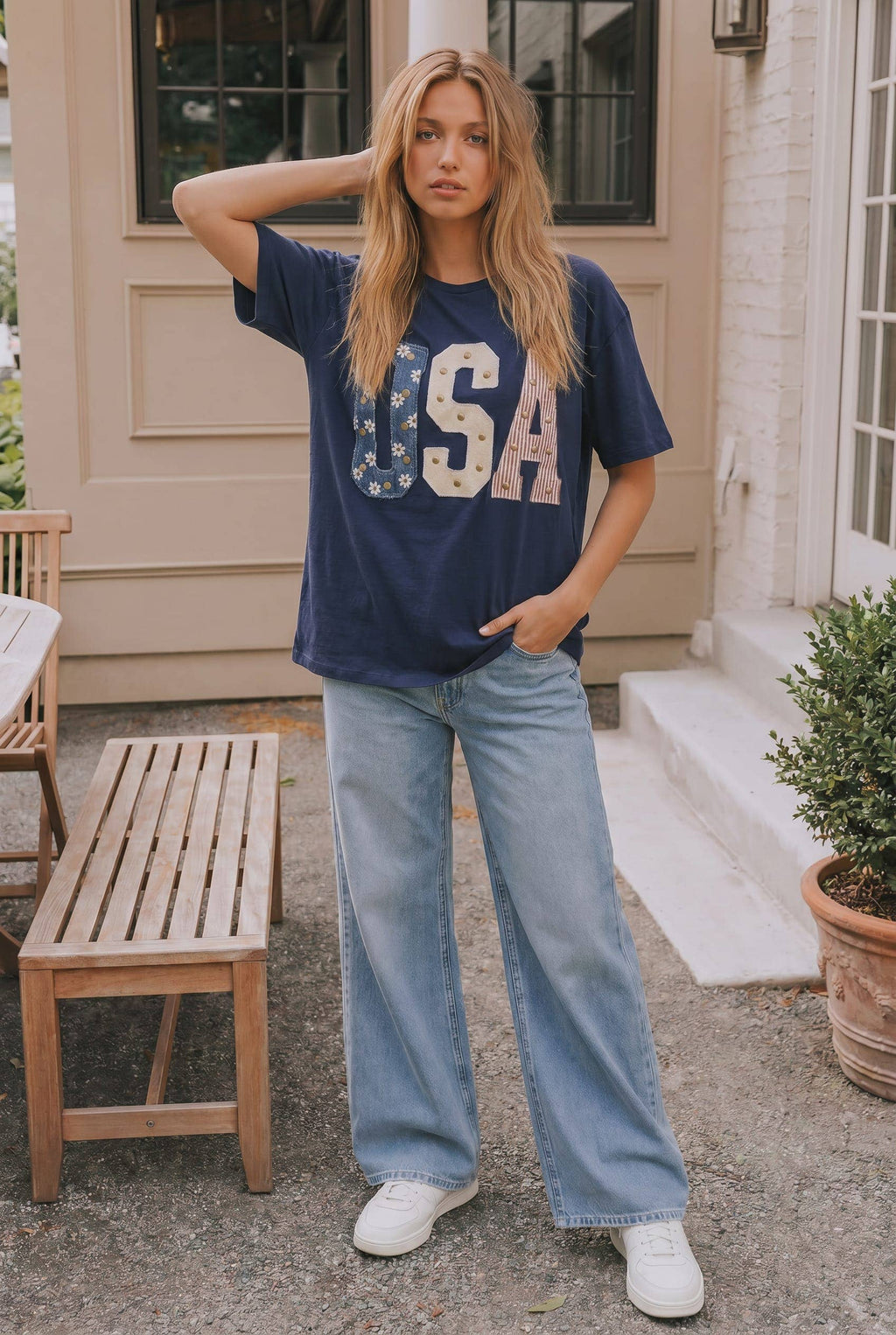 Mixed-Media Studded USA Graphic Tee: NAVY
