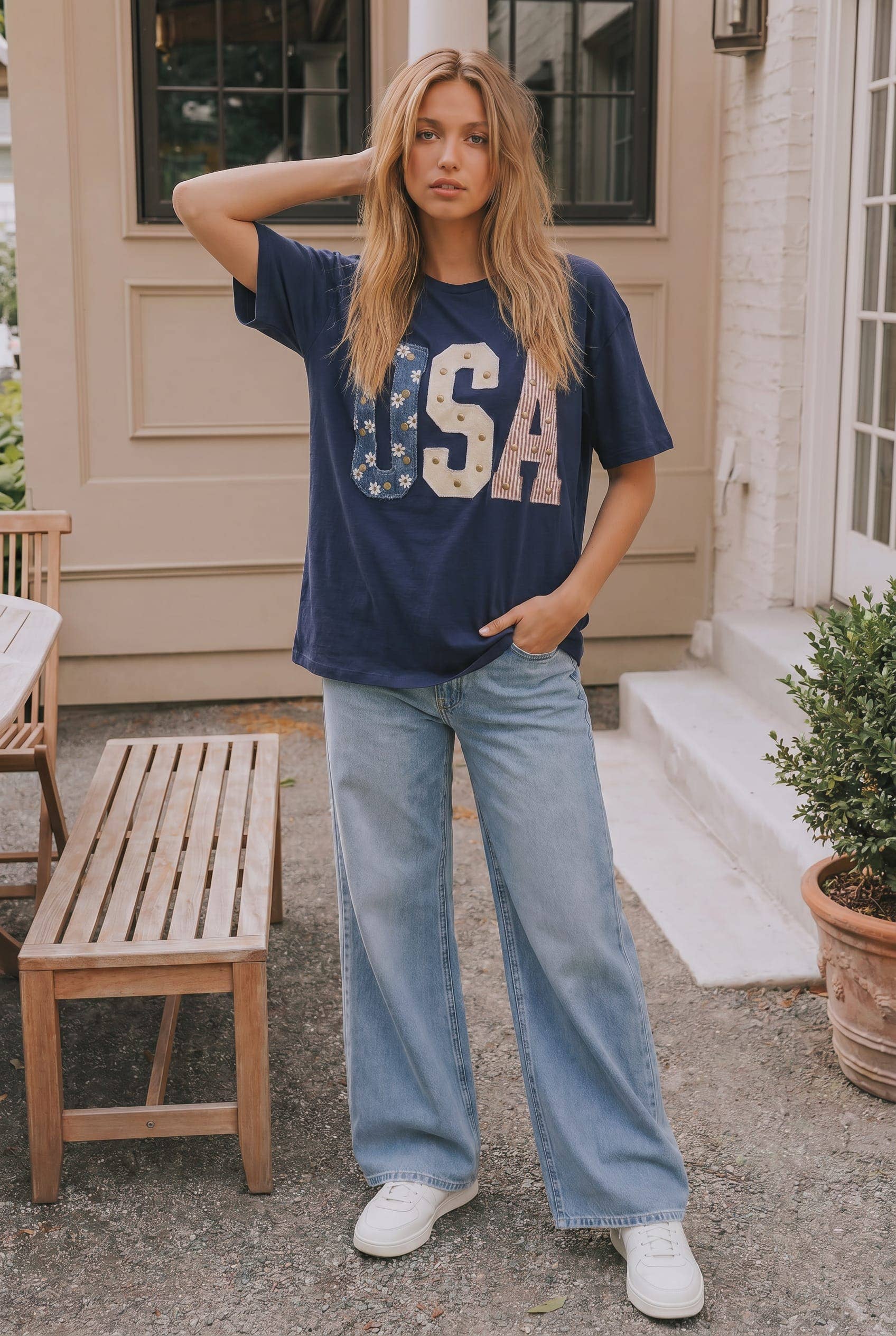 Mixed-Media Studded USA Graphic Tee: NAVY