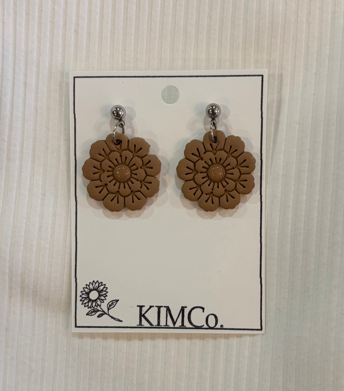 Polymer Clay Earrings - Everyday - Embossed Flower: Mocha / Stainless Steel Ball Pose