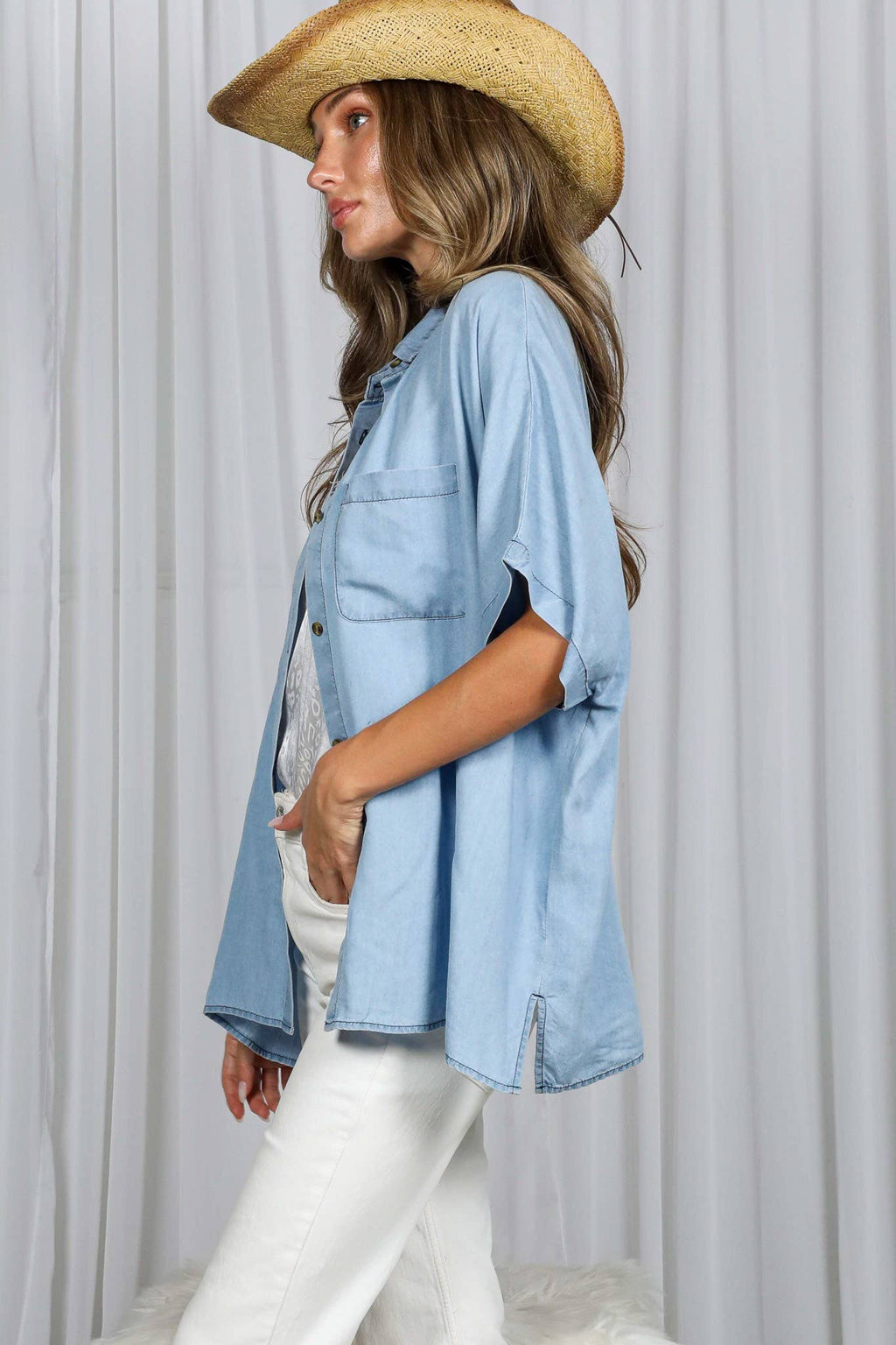 V Neck Collared Tunic Short Sleeve Chambray Shirt: Light Denim