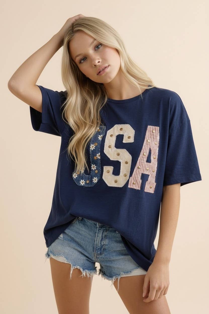 Mixed-Media Studded USA Graphic Tee: NAVY