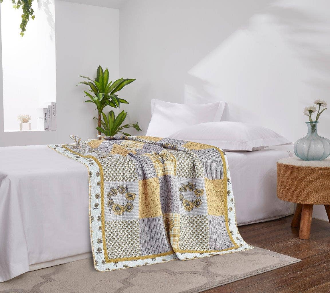 Yellow Grey Floral Patchwork Quilted Throw