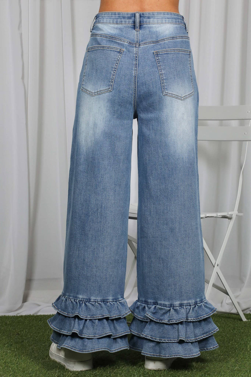 Flared Ruffle Hem Cropped Pants Denim Jeans: Denim Blue