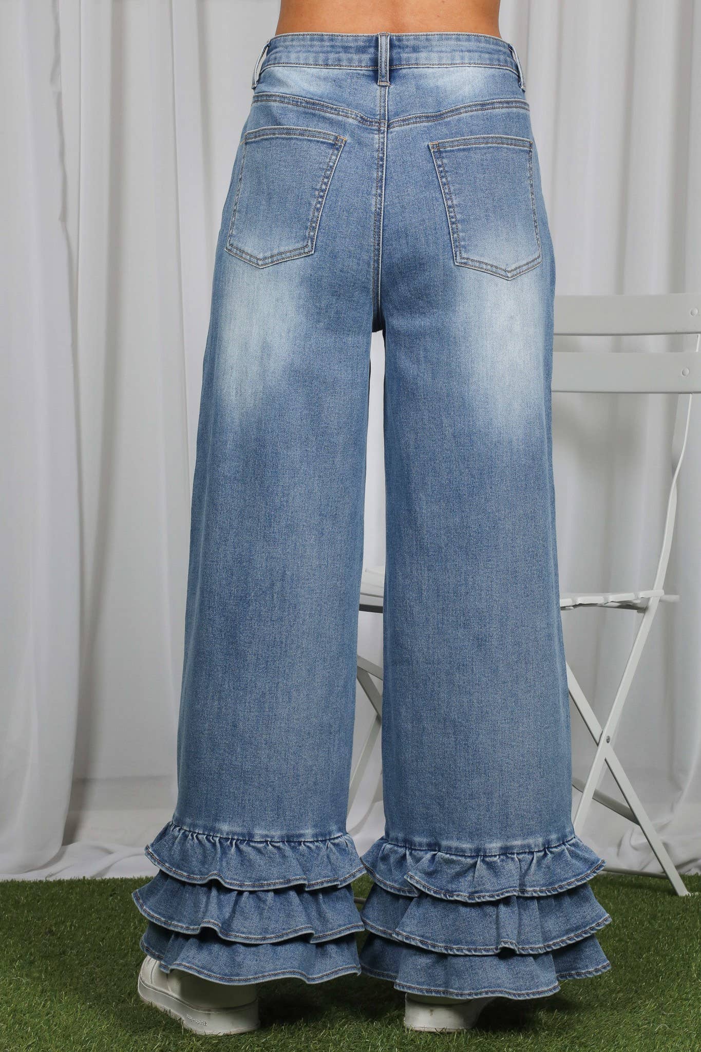 Flared Ruffle Hem Cropped Pants Denim Jeans: Denim Blue