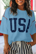 USA Graphic Half Sleeve Loose Ribbed Top: Beau Blue