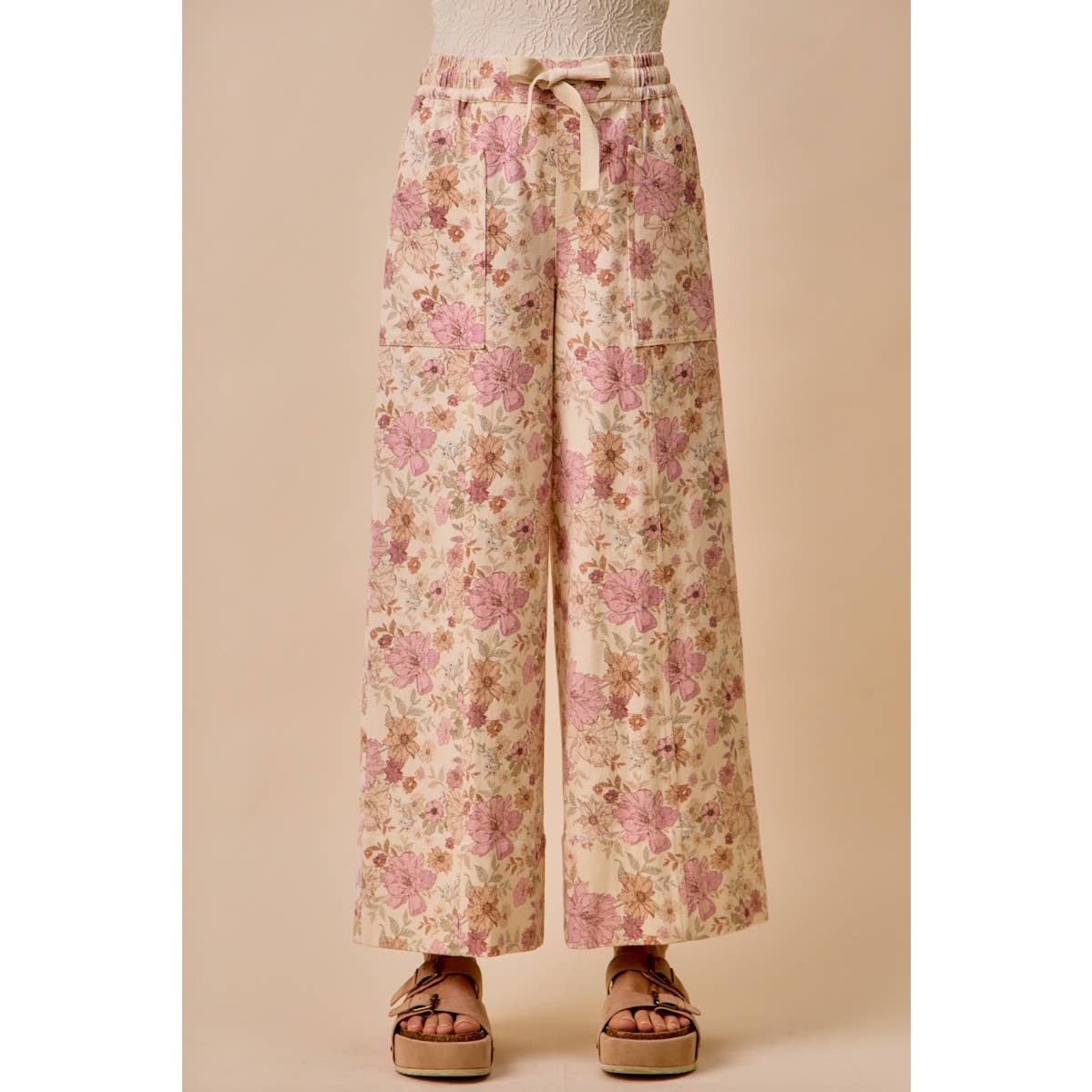 FLORAL COTTON TWILL ELASTICIZED WAIST WIDE PANTS: BLUSH PINK