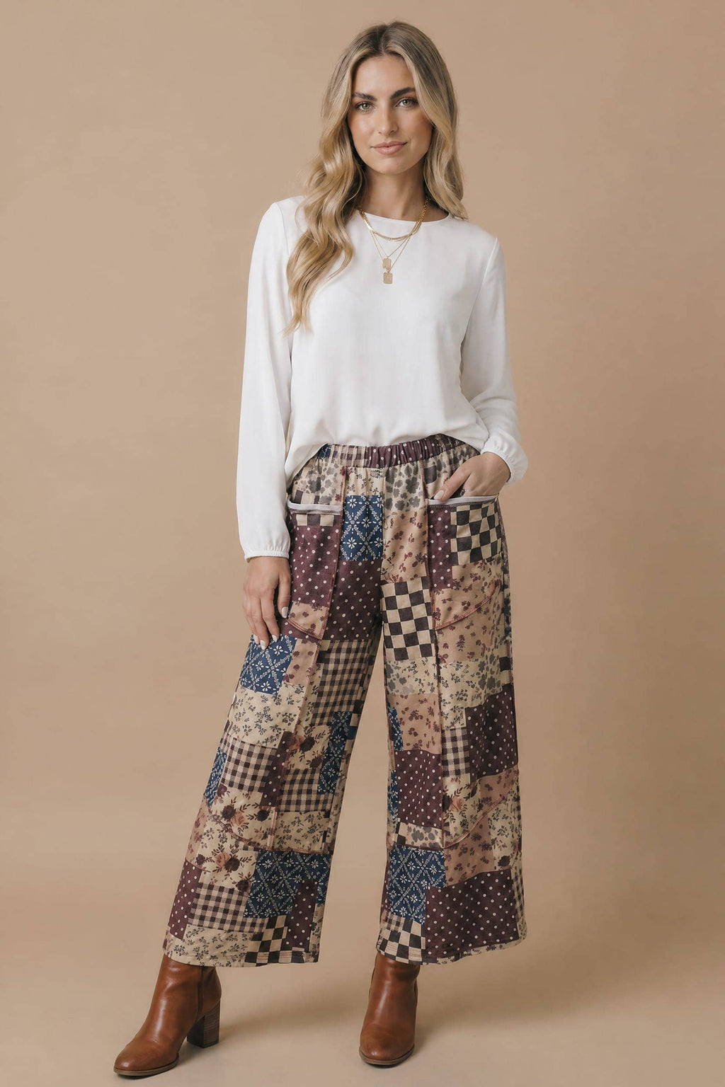 Patchwork Floral French Terry Pants: BROWN