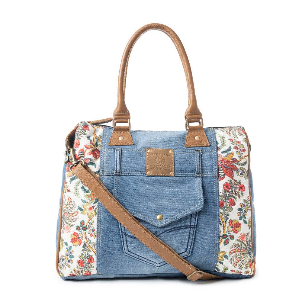 Crimson Glade Tote Bag: Denim & Floral