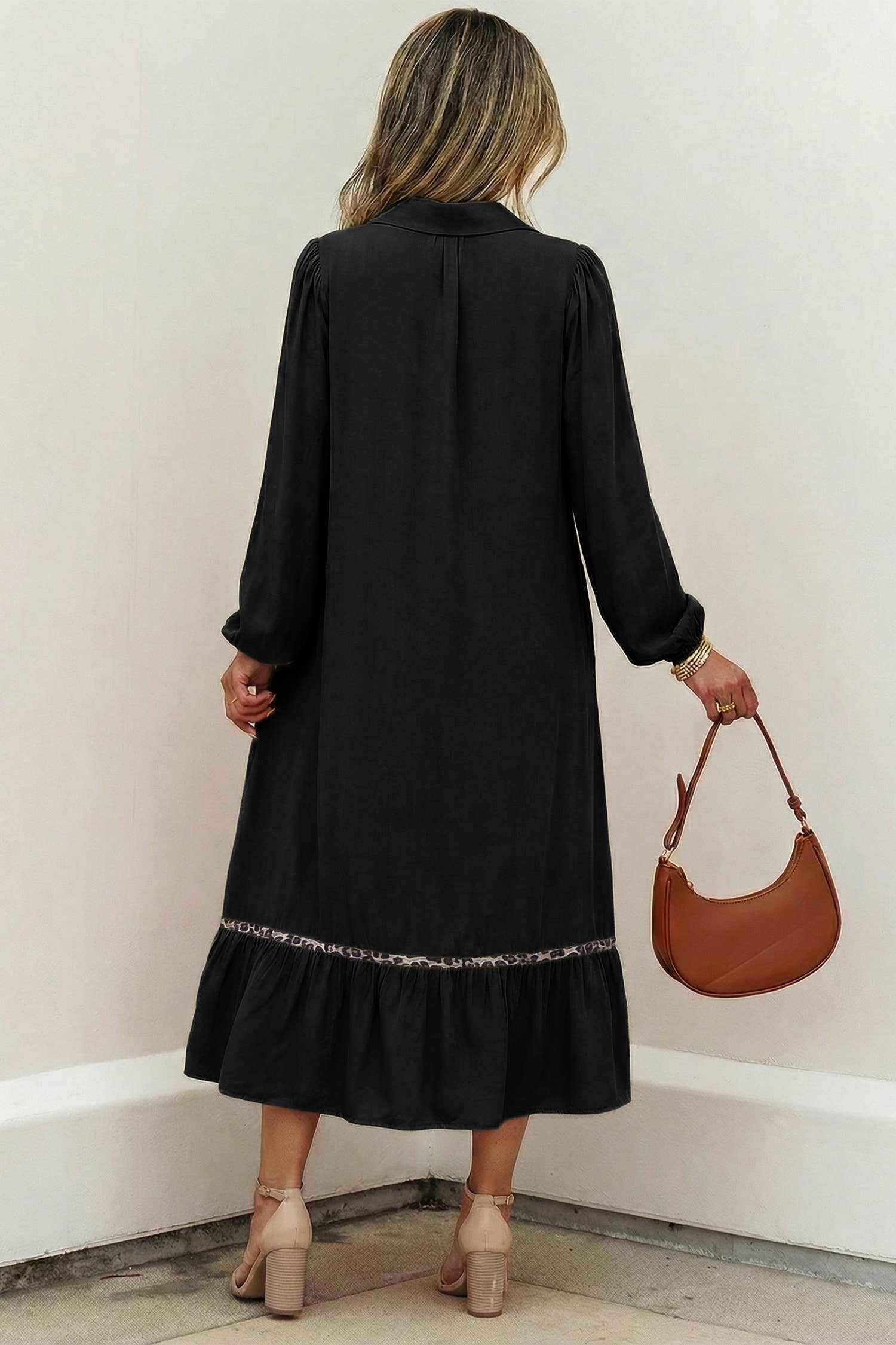OMG! Leopard Trim Smocked V-Neck Midi Dress