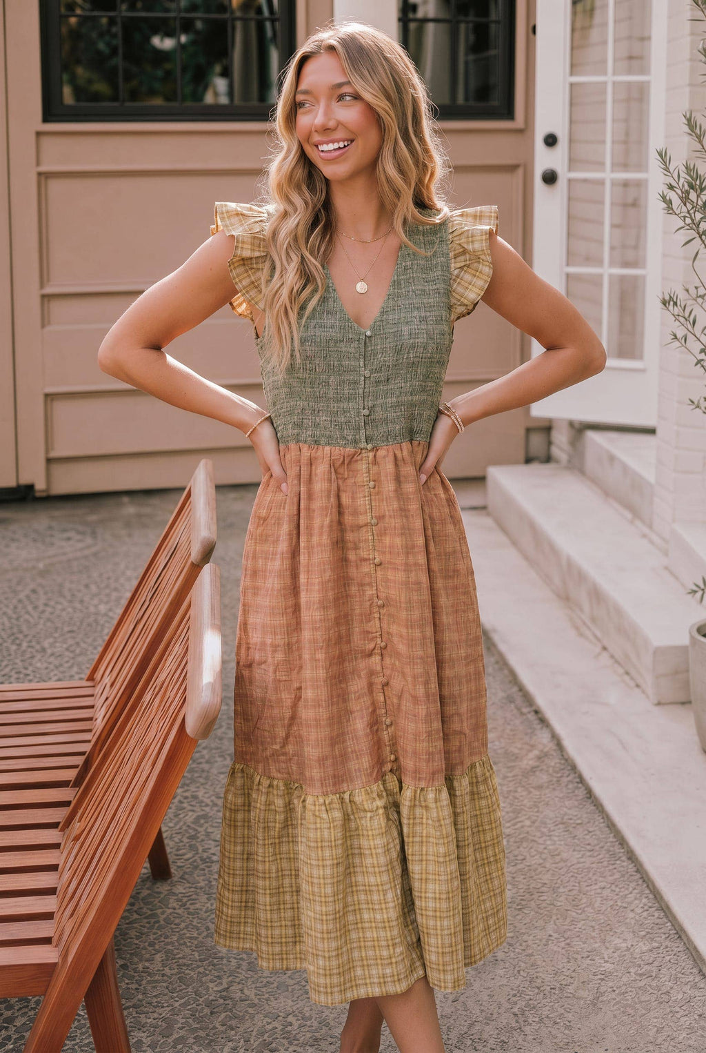 RUFFLE SLEEVE SMOCKING PLAID COLORBLOCK MIDI DRESS: SAGE/CORAL/YELLOW