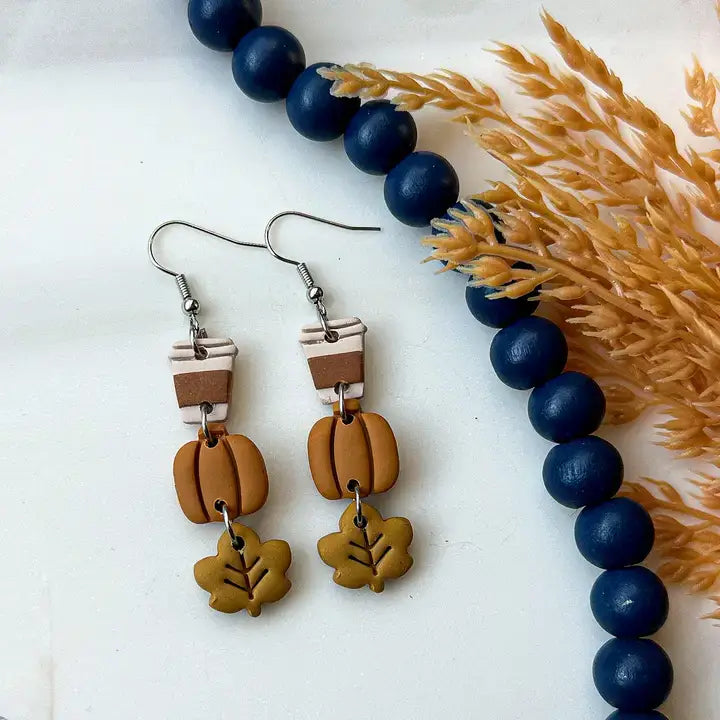 Polymer Clay Earrings / Fall / Latte, Pumpkin, Leaf: Stainless Steel