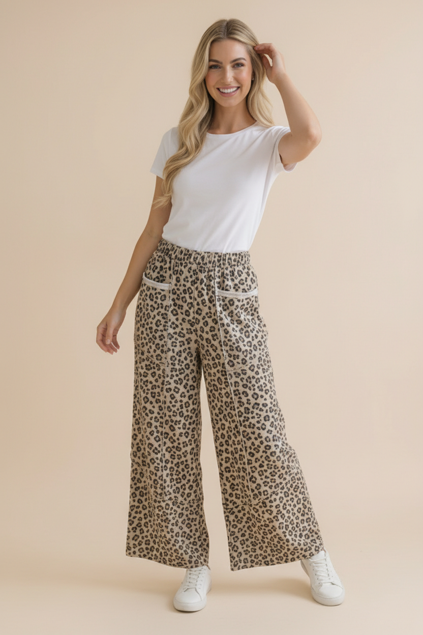 Leopard French Terry Wide Leg Pocket Pants: GREY