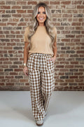 OMG! Gingham Plaid Drawstring Elastic Waist Pants: Brown