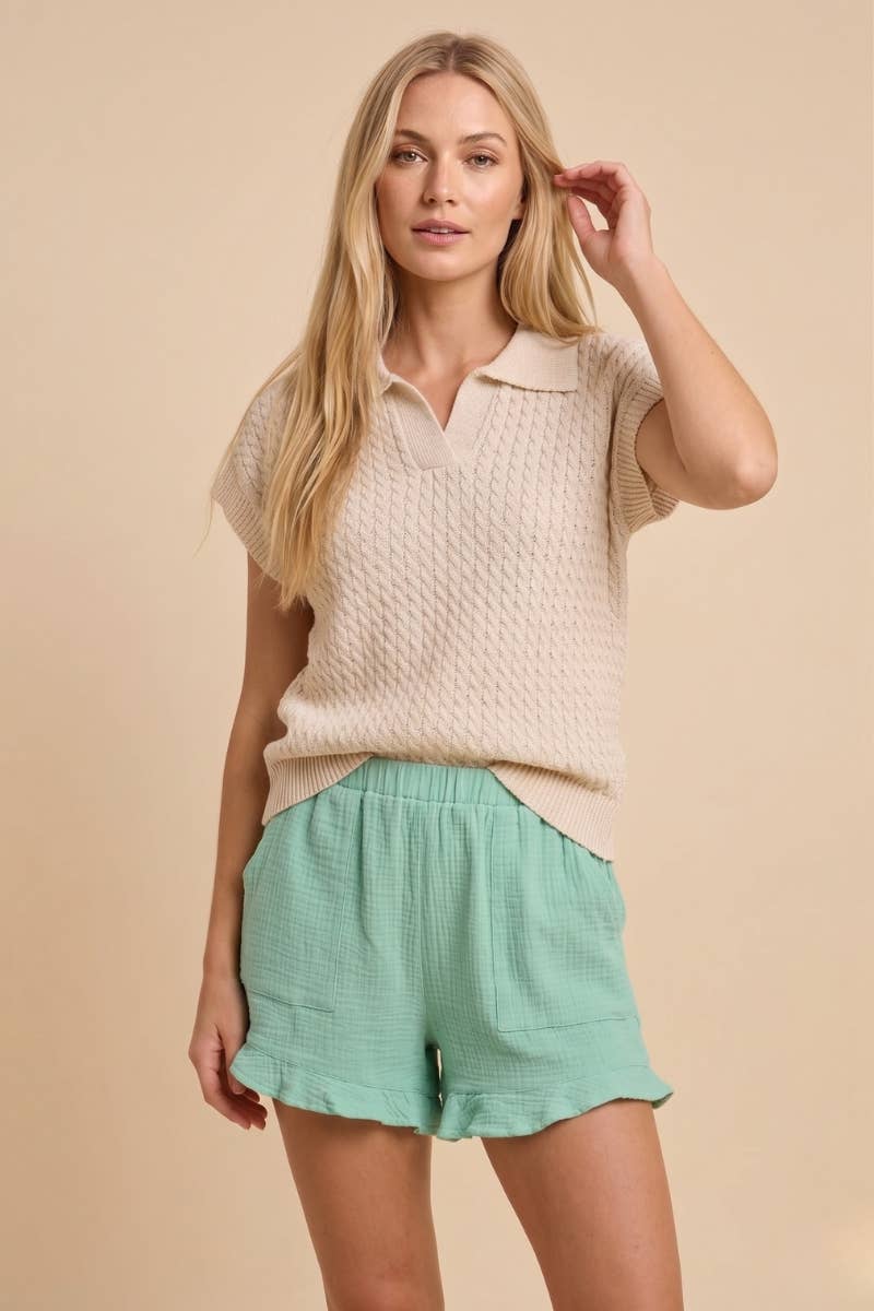 CABLE KNIT SHORT SLEEVE V NECK COLLARD SWEATER TOP: Beige