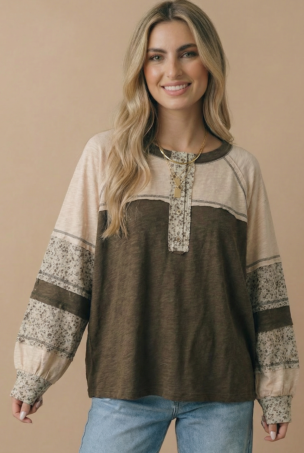 Round Neck Floral Color Block Cotton Slub Top: OLIVE
