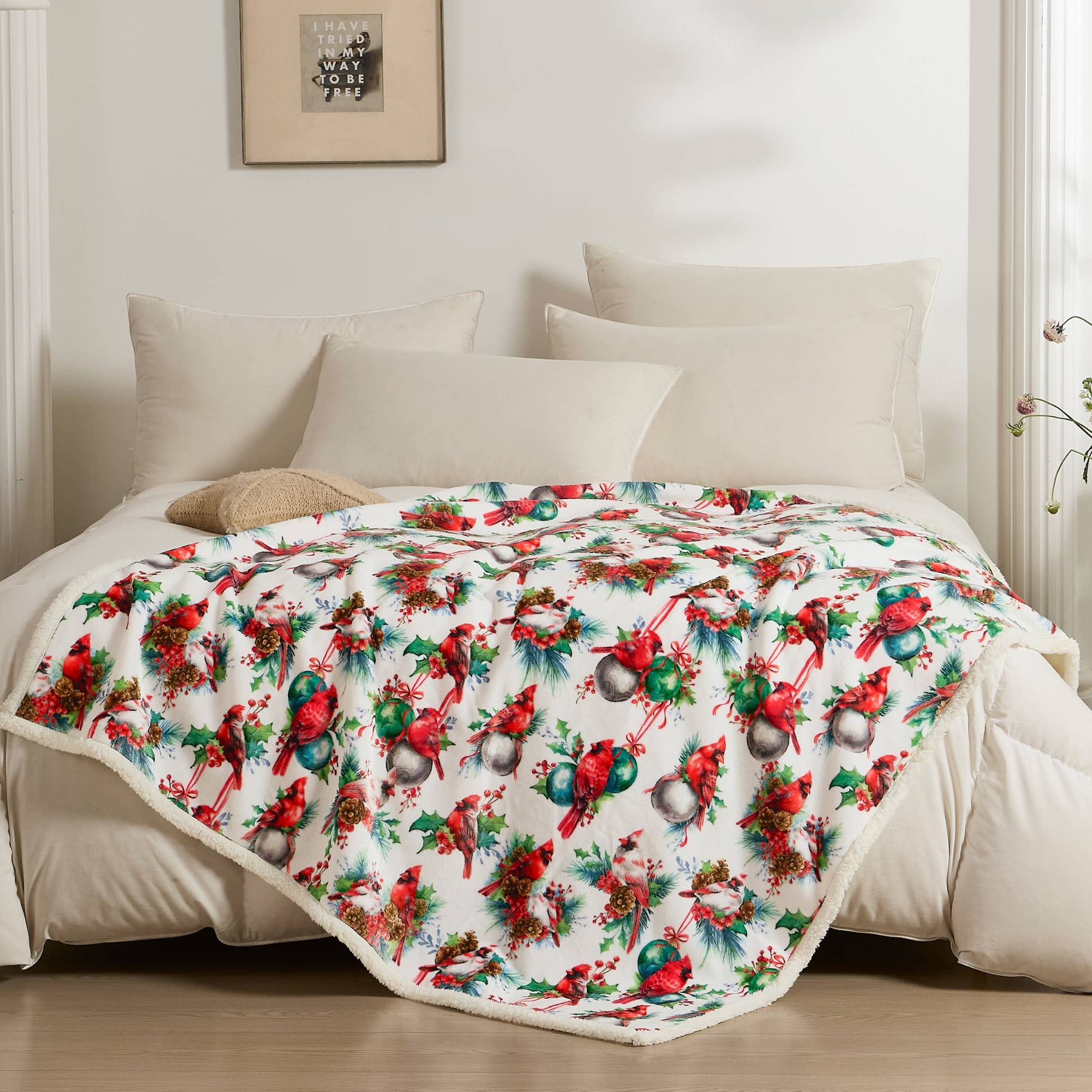 Winter Cardinal Faux Fur & Sherpa Throw Blanket