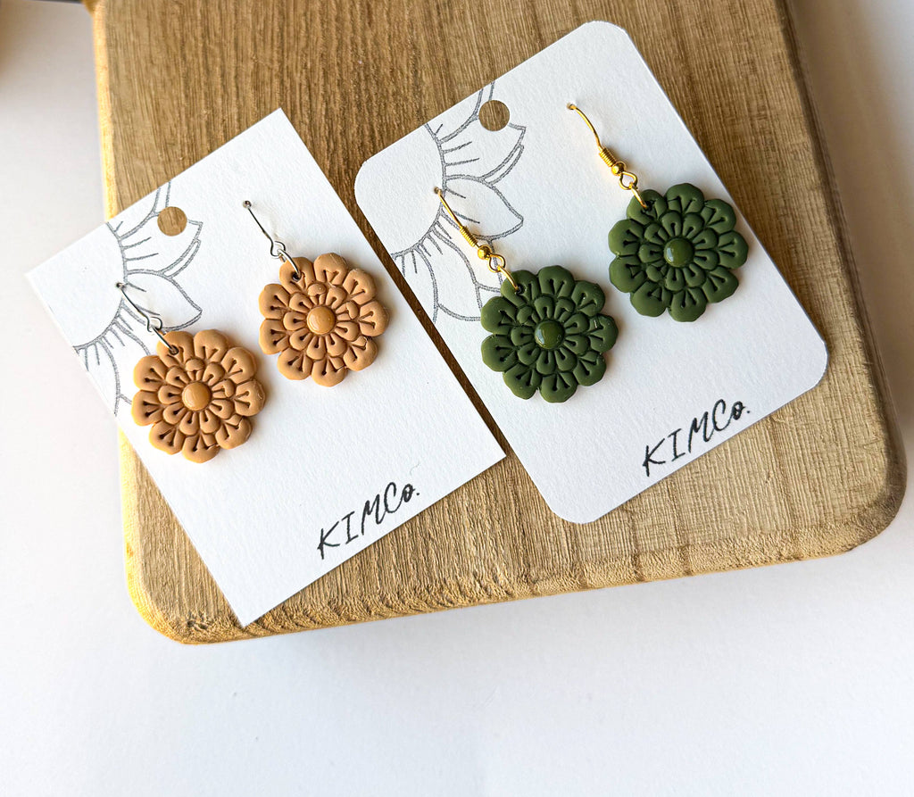 Polymer Clay Earrings - Everyday - Embossed Flower: Olive / Gold Plated Fishhook