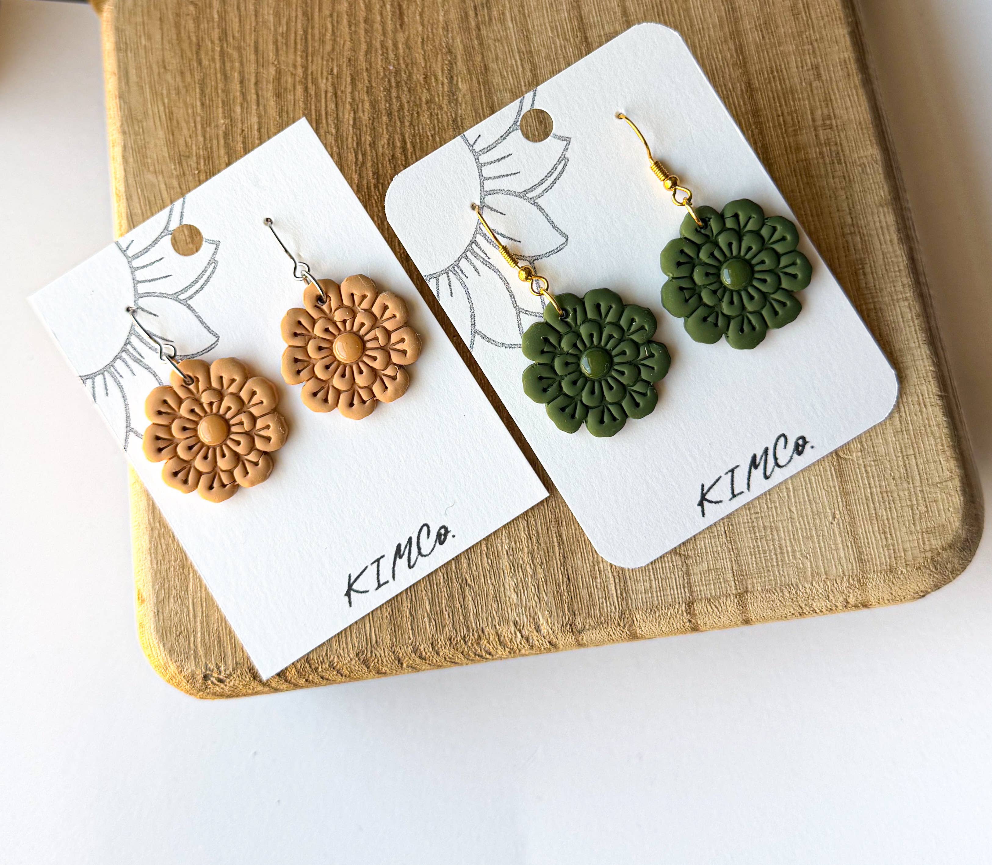 Polymer Clay Earrings - Everyday - Embossed Flower: Olive / Gold Plated Fishhook