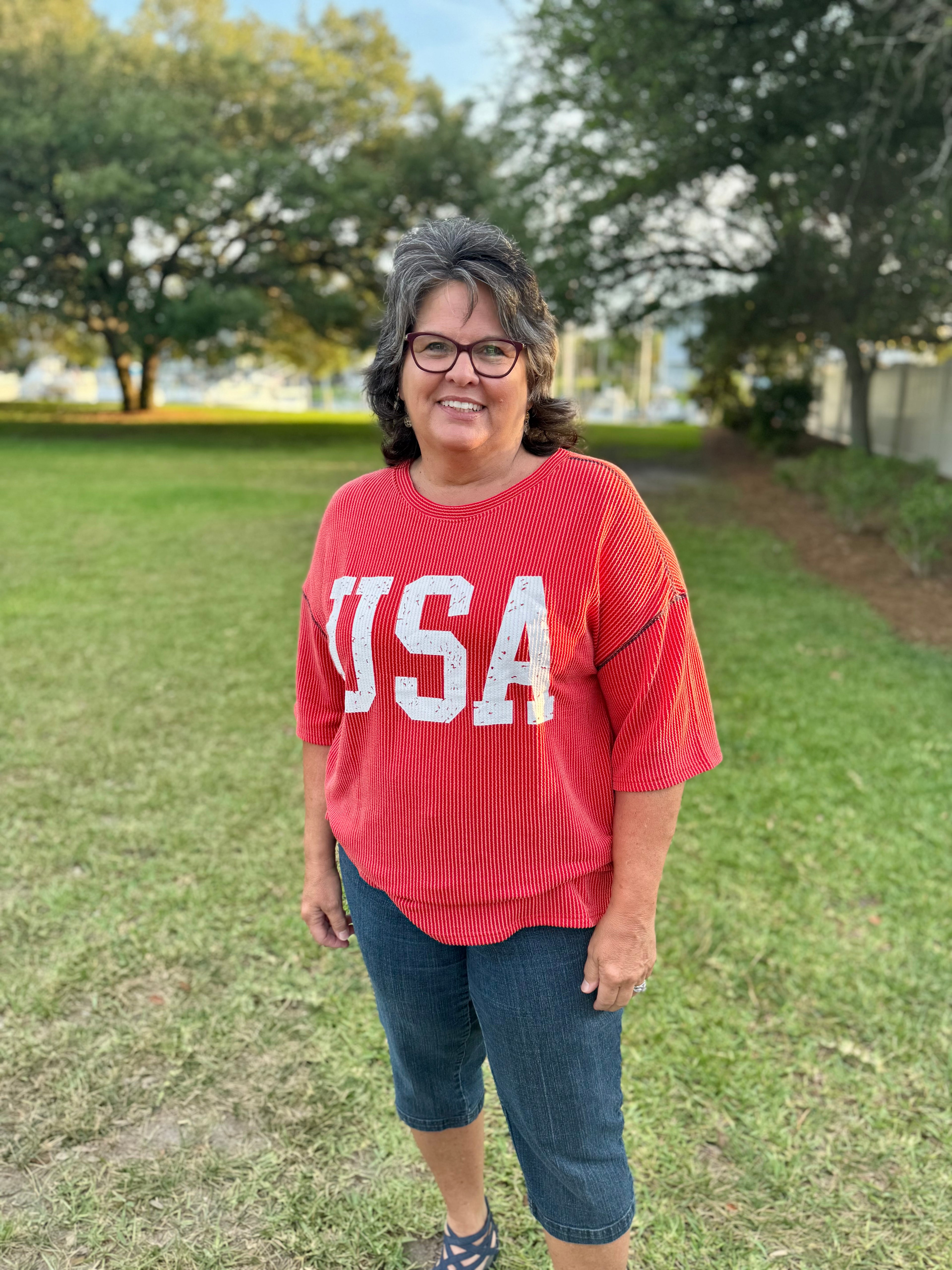 USA Graphic Half Sleeve Loose Ribbed Top: Fiery Red