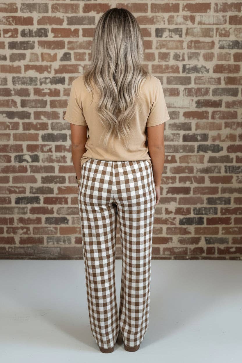 OMG! Gingham Plaid Drawstring Elastic Waist Pants: Brown