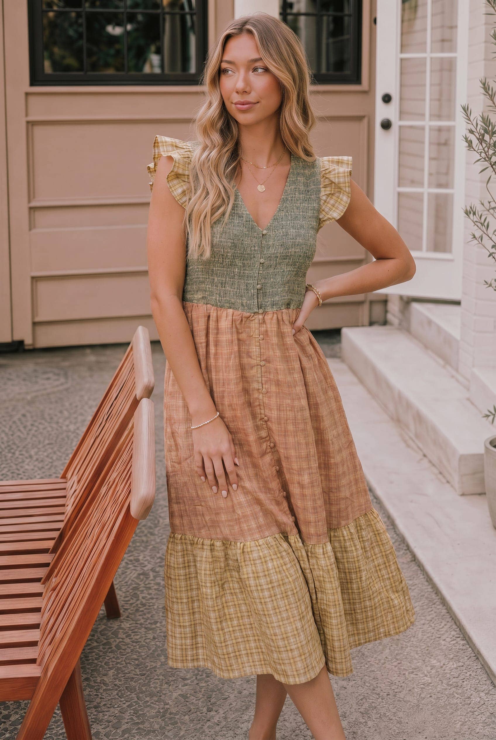 RUFFLE SLEEVE SMOCKING PLAID COLORBLOCK MIDI DRESS: SAGE/CORAL/YELLOW – Shugga Britches Bakery & Boutique LLC