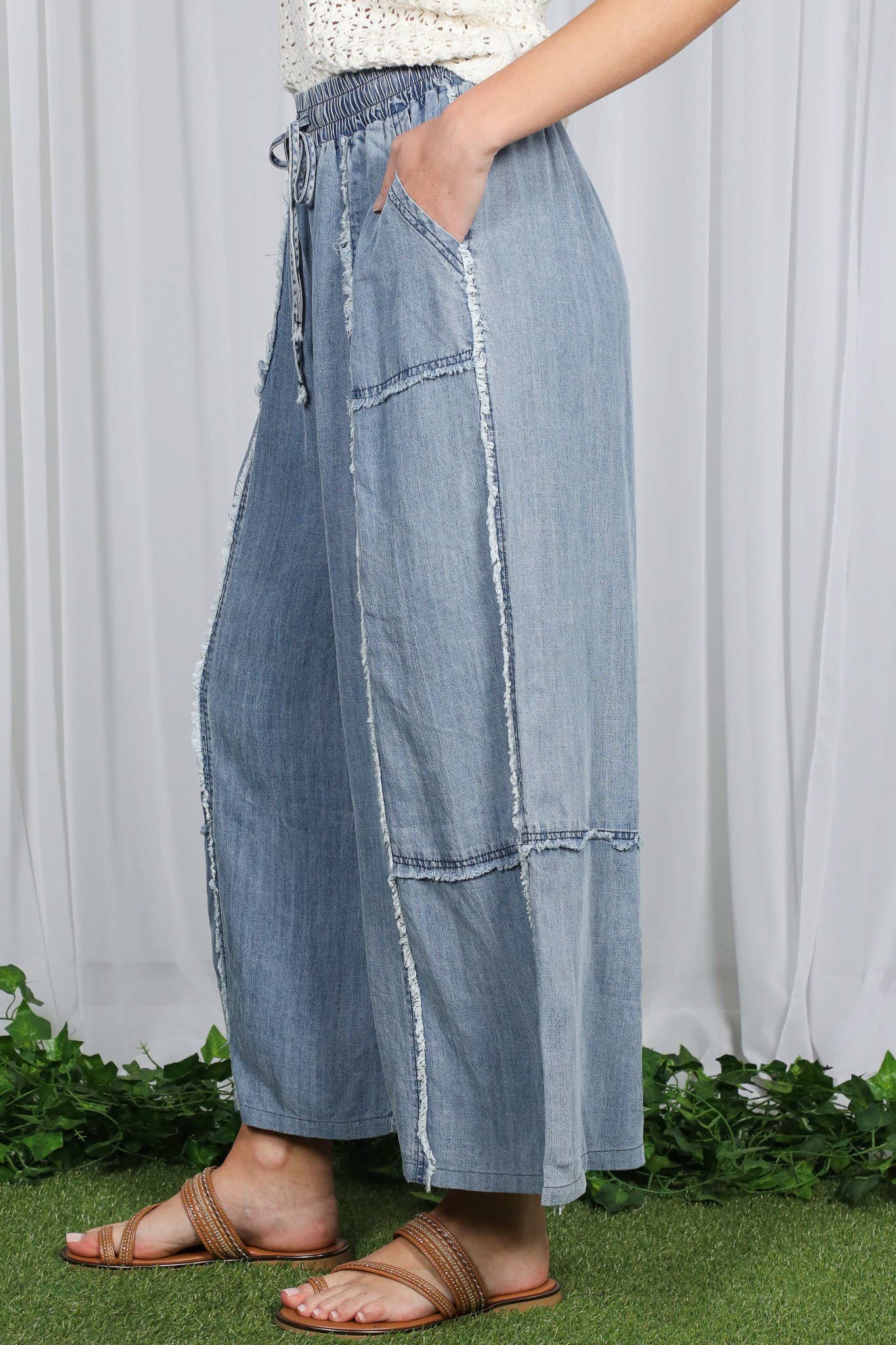 Self Fray 100%Tencel Chambray Washed Palazzo Pants: Washed Denim