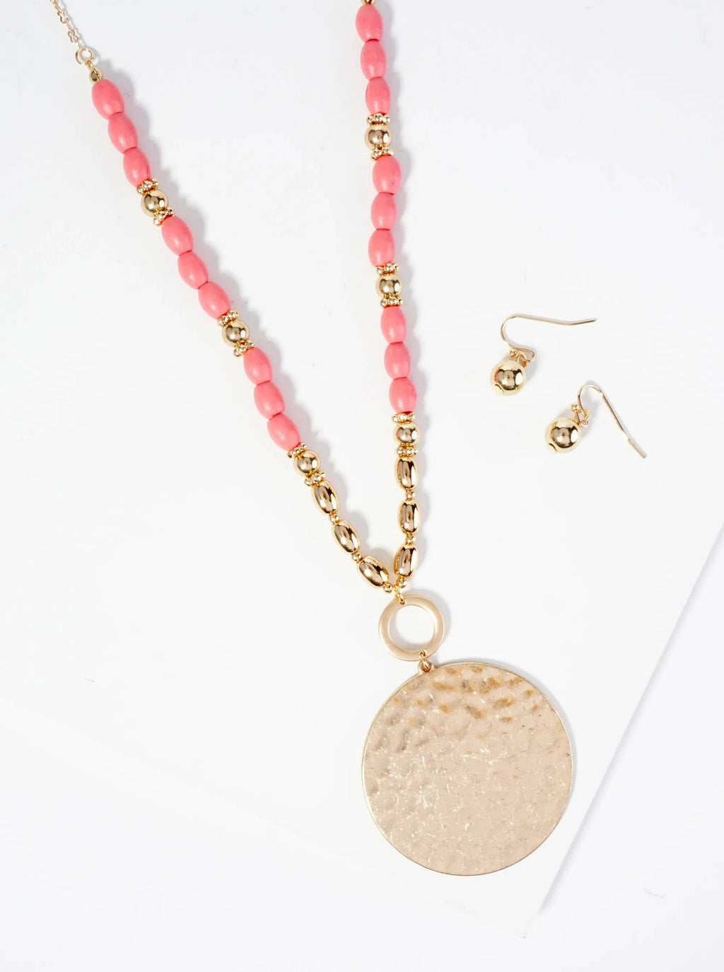 Hammered Circle Pendant Wood Beaded Chain Long Necklace Set With Earrings: Light Multi