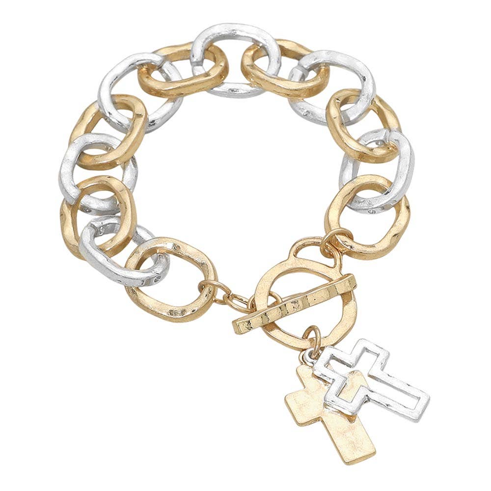 Hammered Layered Cross Charm Chunky Chain Toggle Bracelet: Worn Gold,Worn Silver