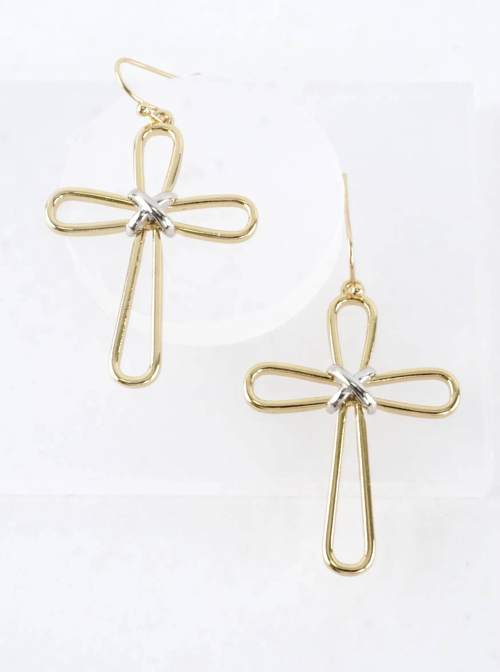 Modern Open Cross Wire Drop Earrings: Gold Rhodium