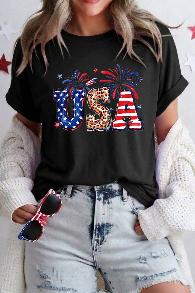 USA Graphic Tee Women Patriotic Fourth of July Shirt: Black