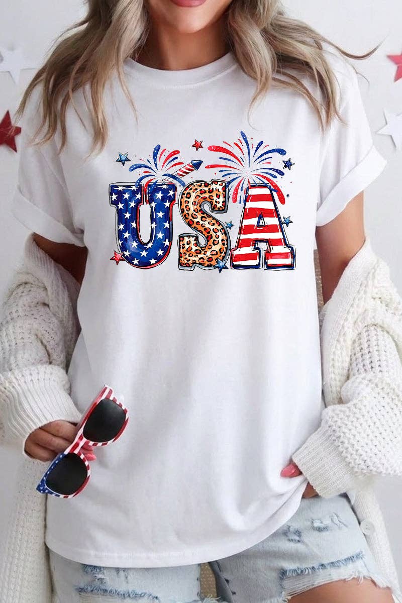 USA Graphic Tee Women Patriotic Fourth of July Shirt: White