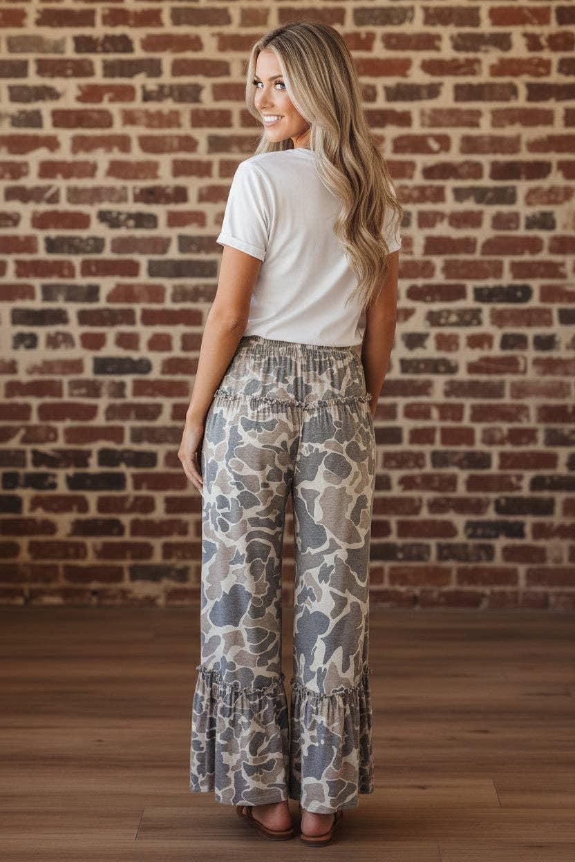 OMG! Camo Drawstring Wide Leg Pants: Beige