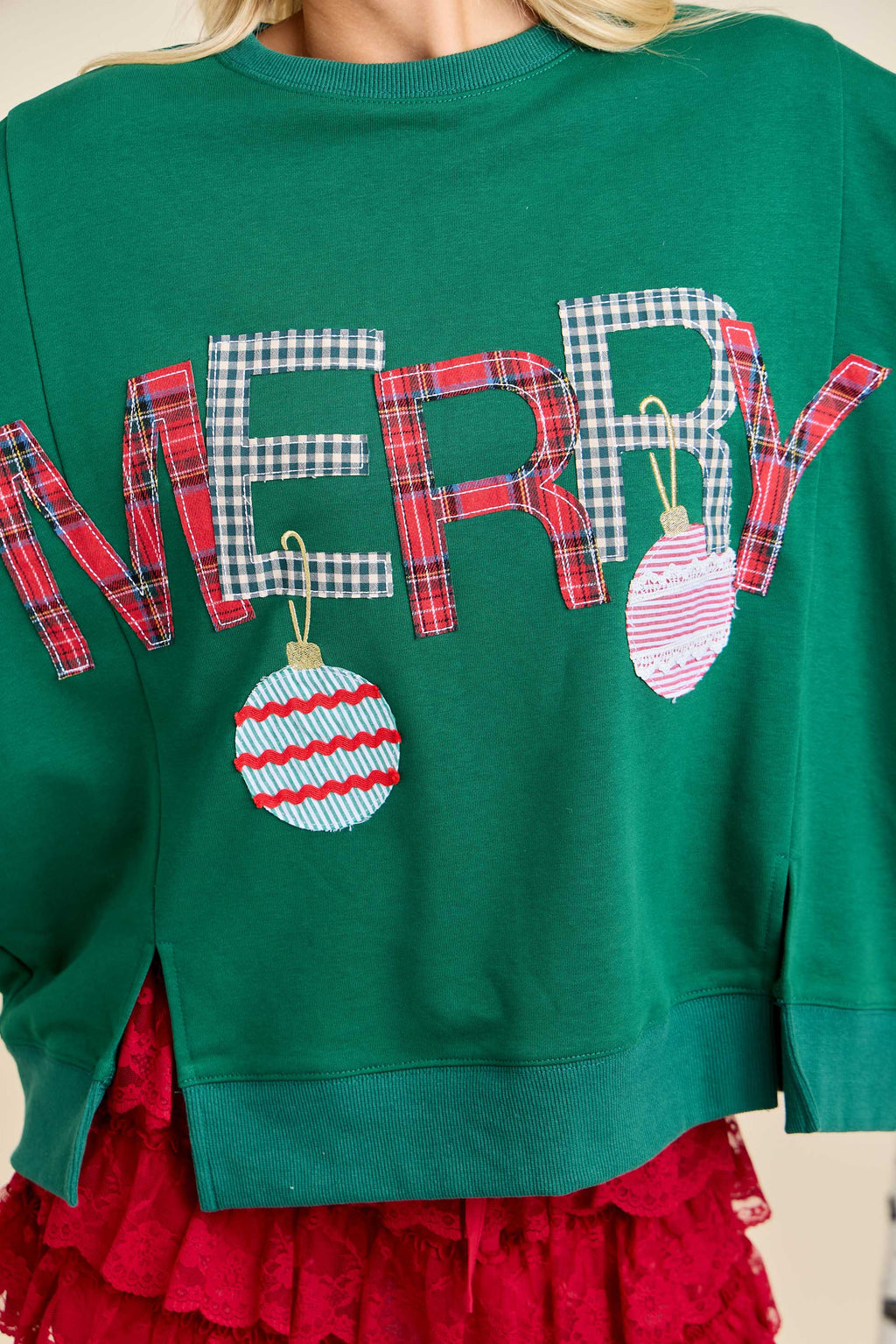 Merry With Ornament Patchwork Oversized Long Sleeve Top