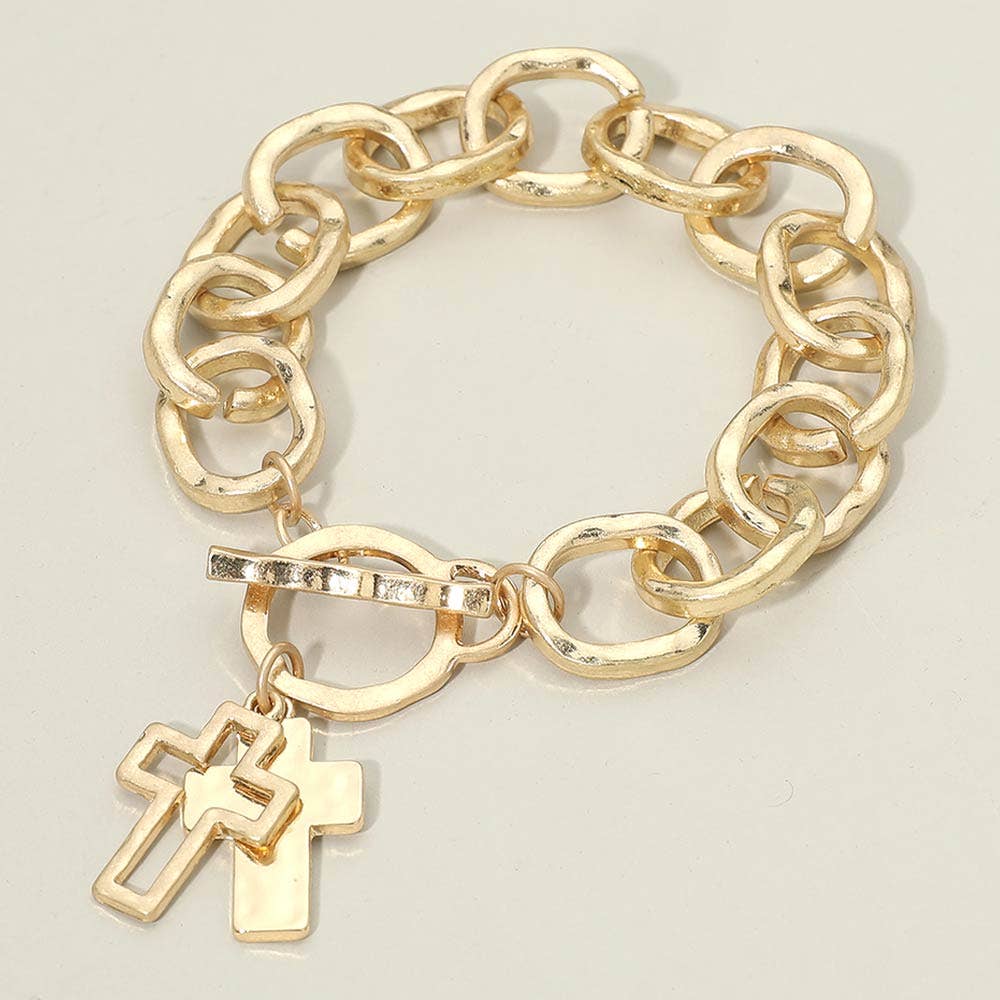 Hammered Layered Cross Charm Chunky Chain Toggle Bracelet: Gold,Worn Gold