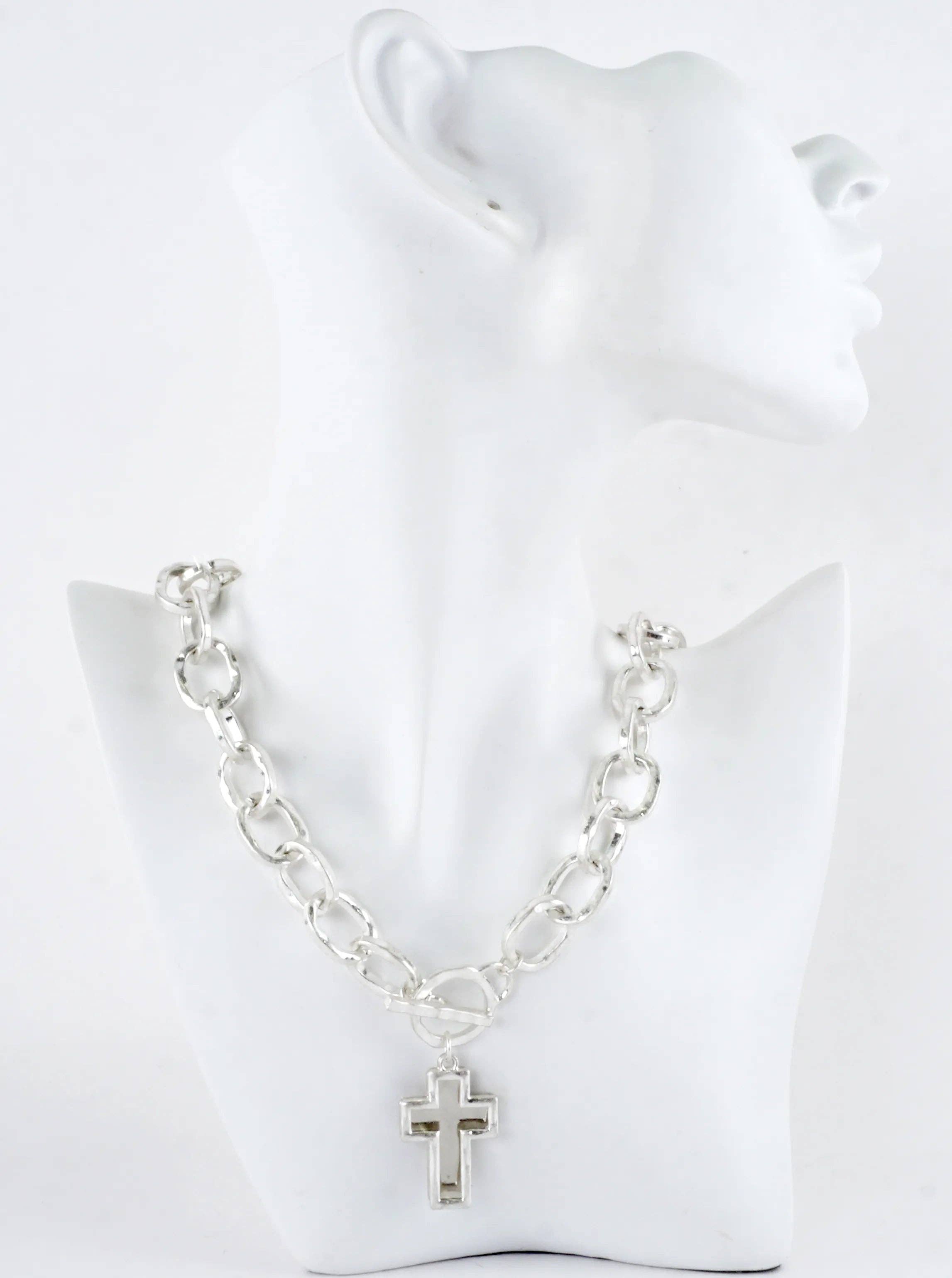 Chunky Hammered Two Cross Toggle Pendant Necklace: Worn Gold Silver