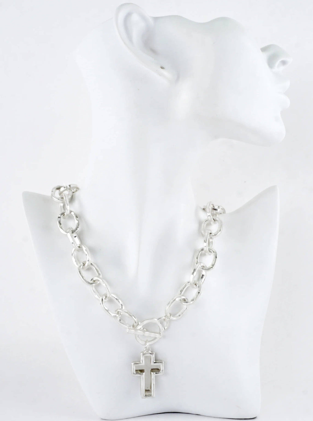 Chunky Hammered Two Cross Toggle Pendant Necklace: Worn Silver Rhodium