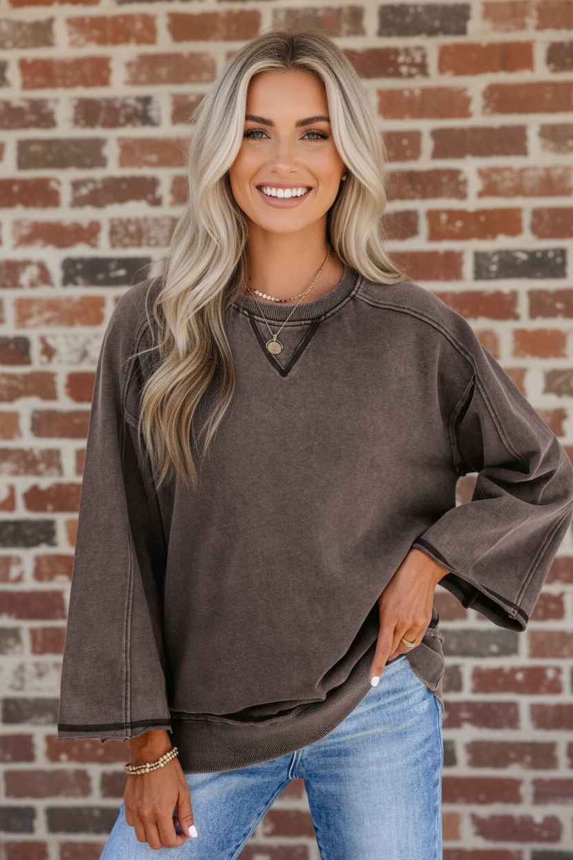 OMG! Mineral Wash Reverse Seam 3/4 Sleeve Top: Dark Brown