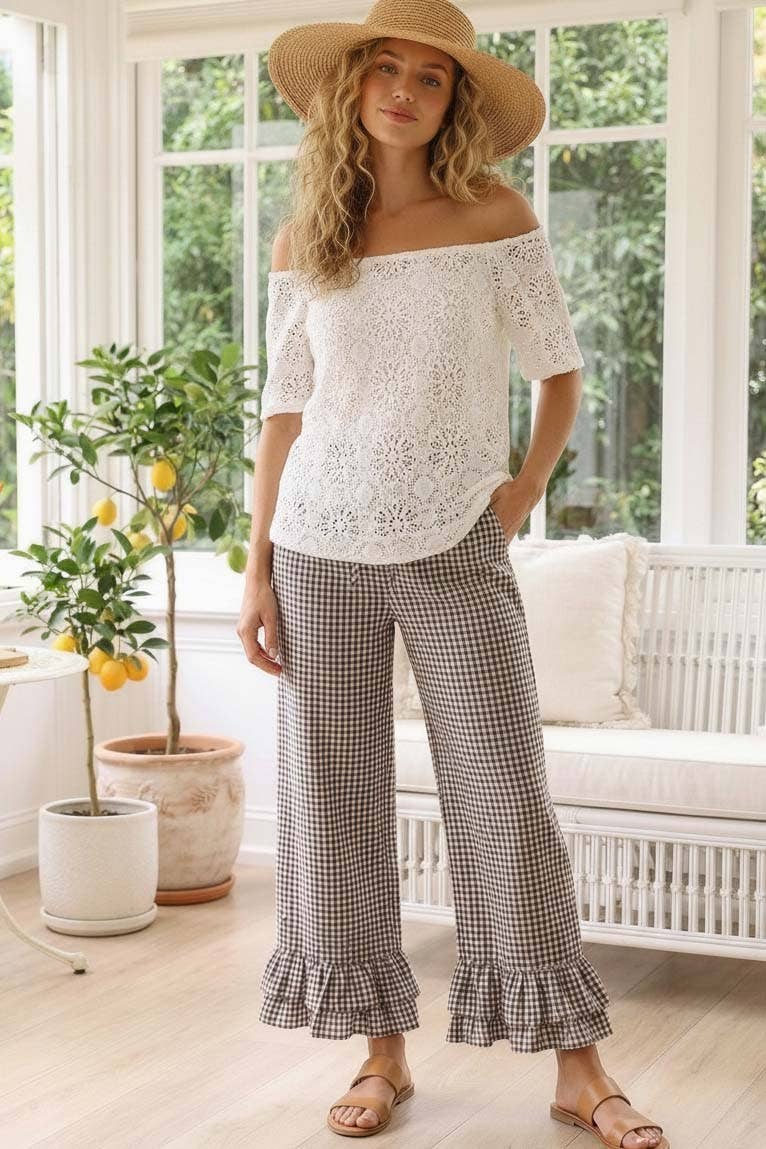 Gingham Casual Ruffled Hem 100%Cotton Cropped Pants VP83379A: Brown / L