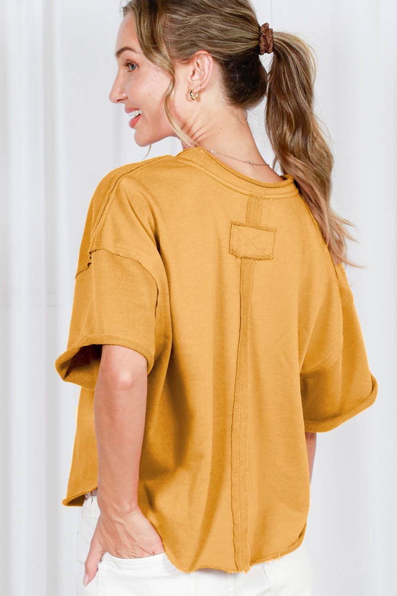 Vintage-Inspired Cut Edge Knit Top: Mustard