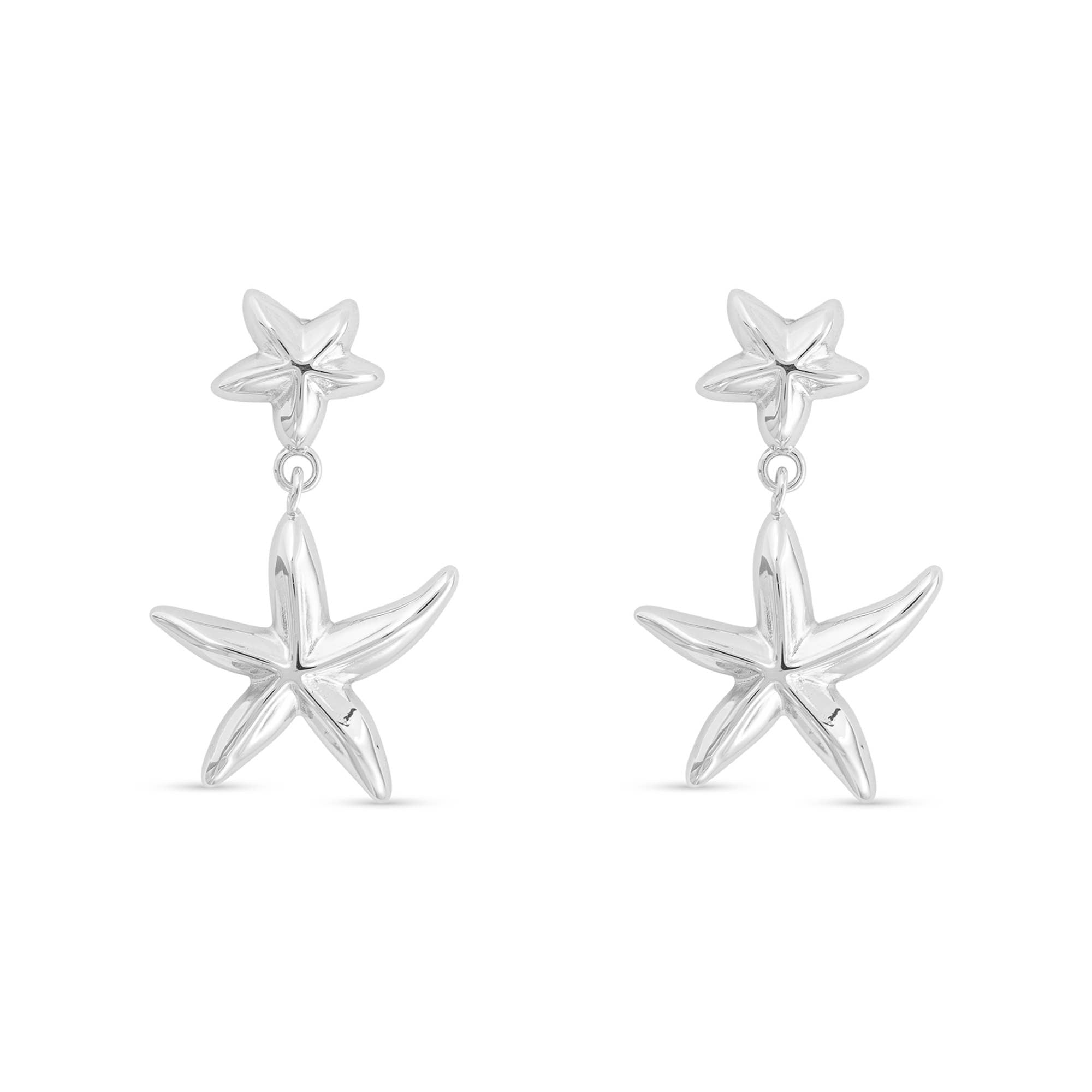 Double Starfish Dangle Earrings: Silver