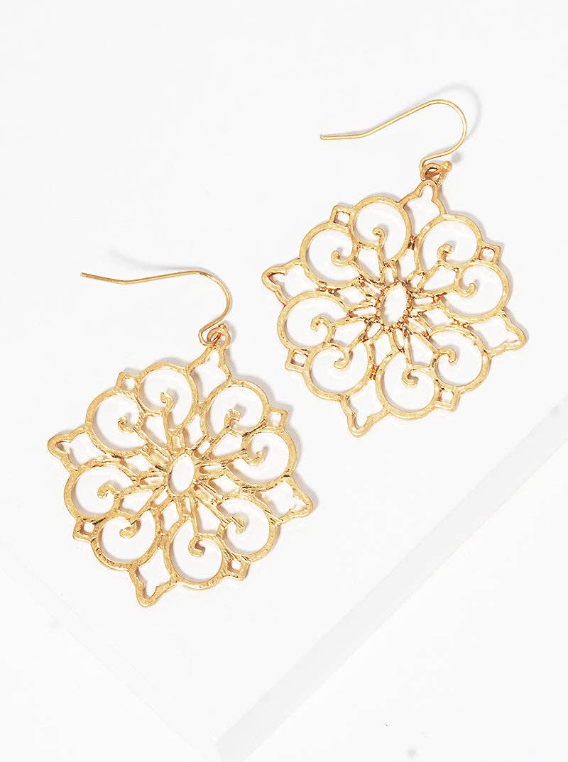 Metal Moroccan Shaped Filigree Dangle Drop Earrings: Worn gold