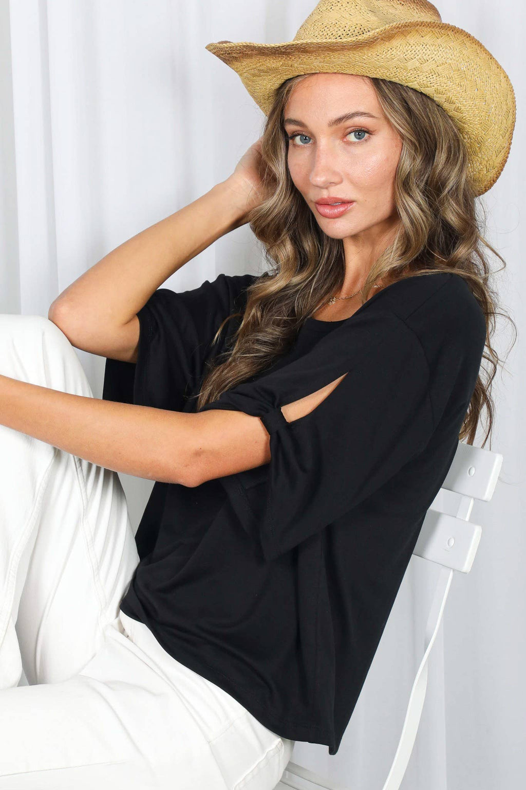 Tie Accent Sleeve Soft Casual T-Shirt Top: Black