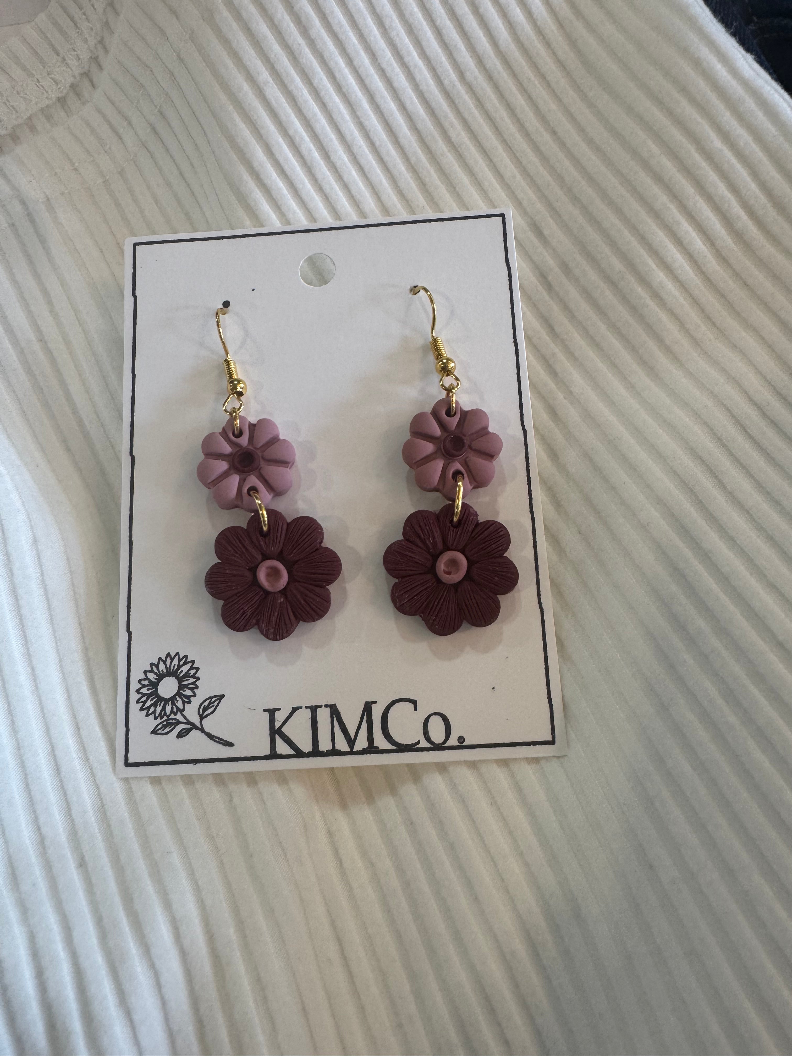 Polymer Clay Earrings - Everyday - Flowers: Burgundy / Gold Plated
