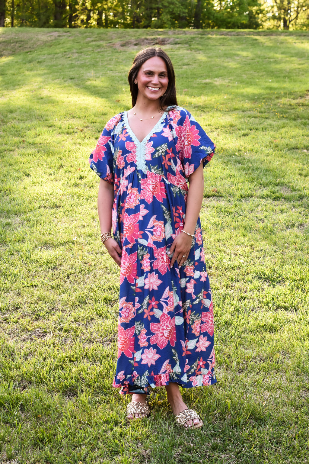 Umgee Floral Print V-Neck Maxi Dress