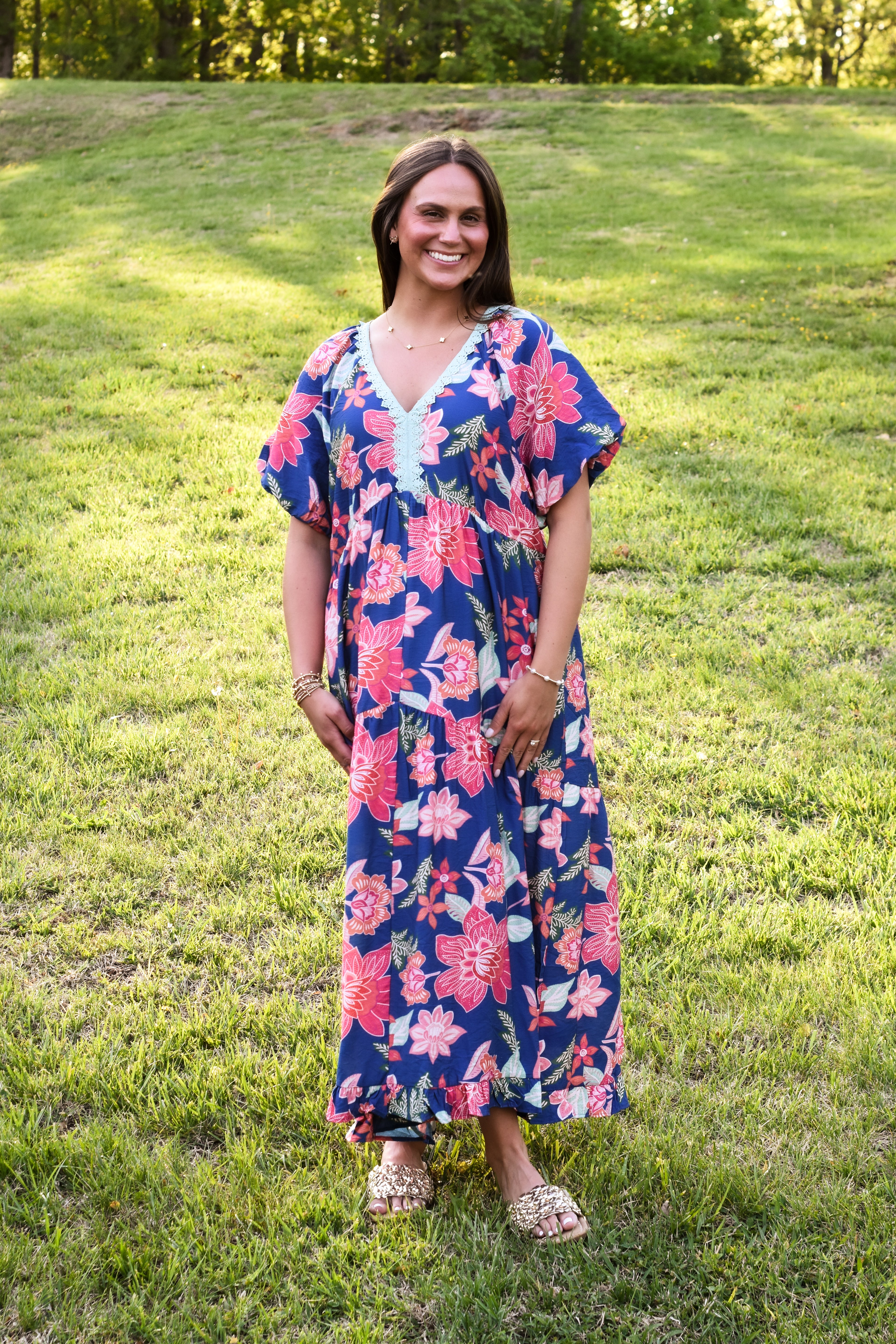 Umgee Floral Print V-Neck Maxi Dress